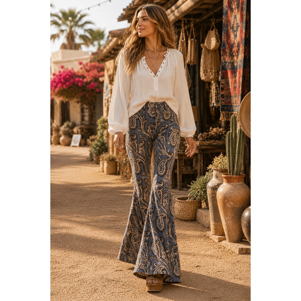 Free People Paisley Print Flare Leg Pants Blue Linen Blend Boho Festival M Tall